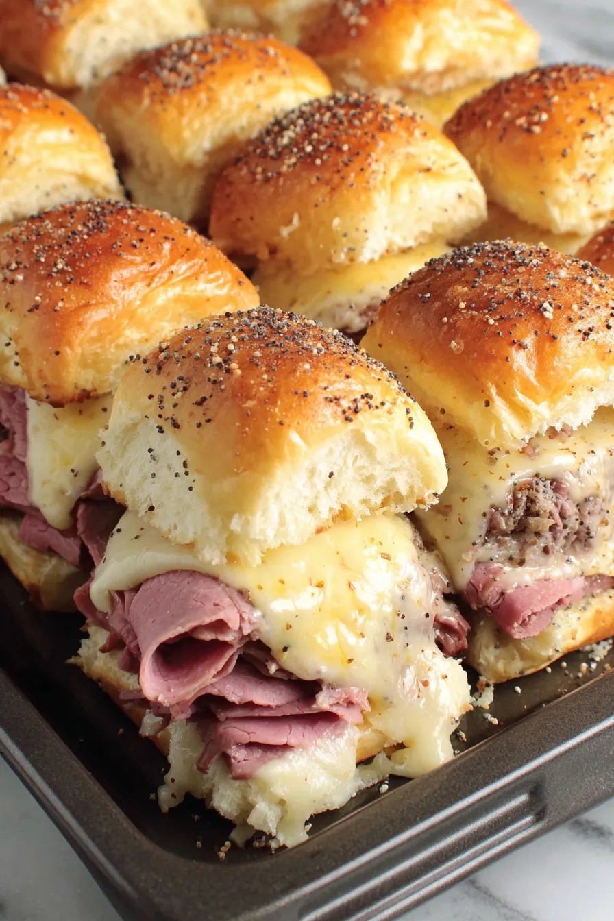 Roast beef sliders with melted provolone and poppy seed glaze