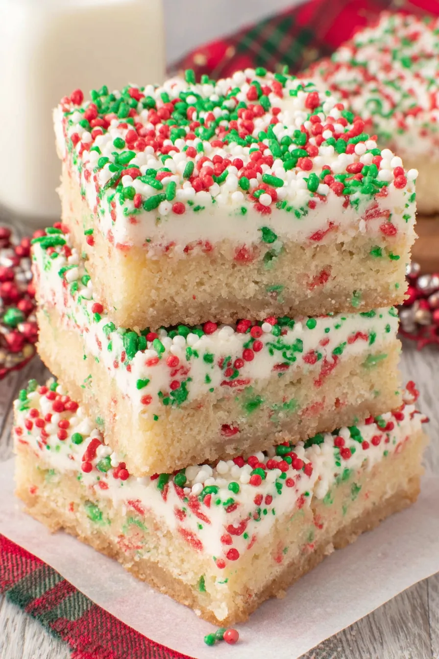 Freshly frosted Christmas sugar cookie bars on a cooling rack