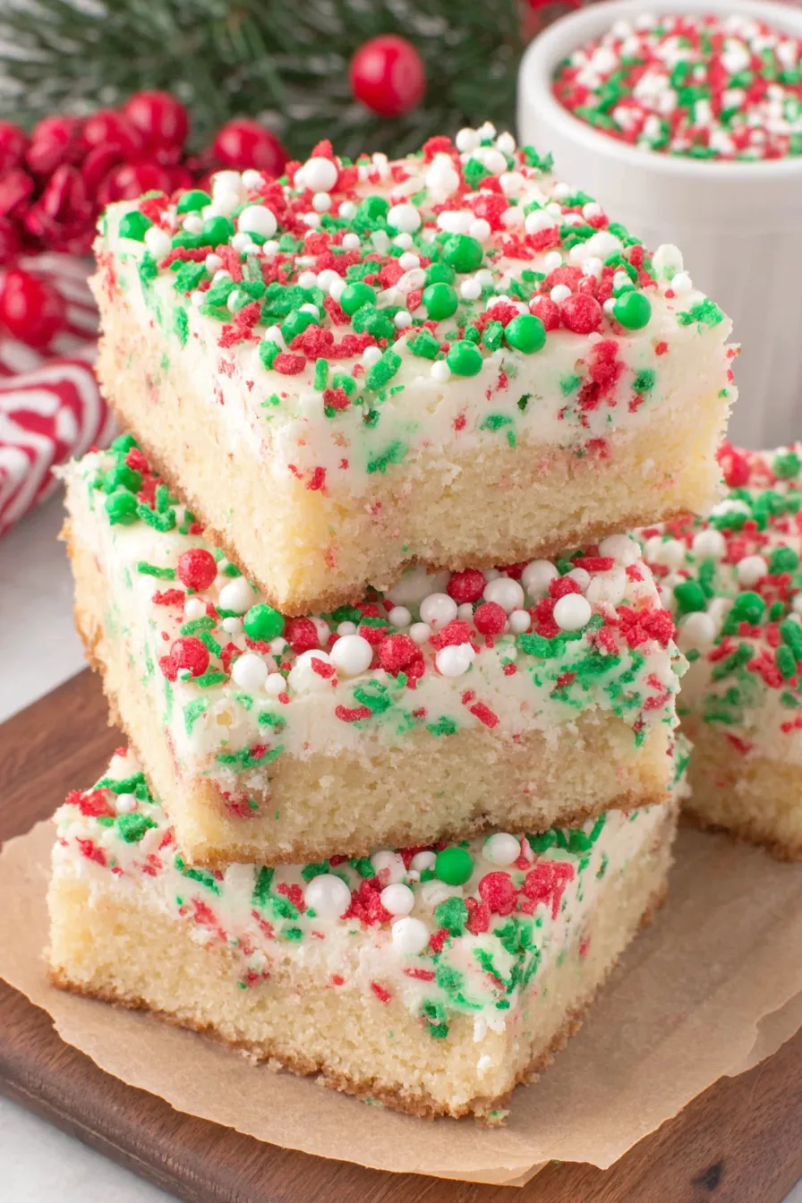Sliced Christmas sugar cookie bars arranged for serving