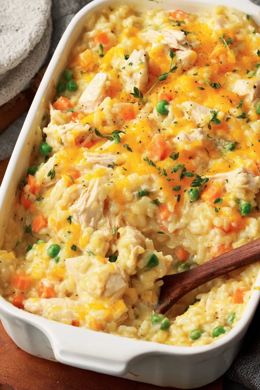 Served portion of chicken and rice casserole on a plate