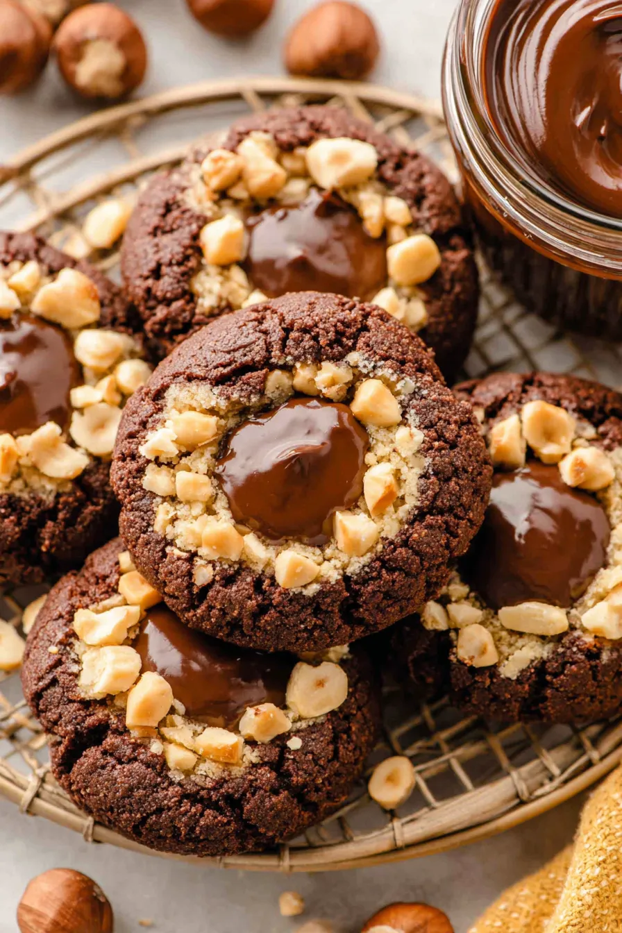 Chocolate hazelnut thumbprint cookies on a cooling rack