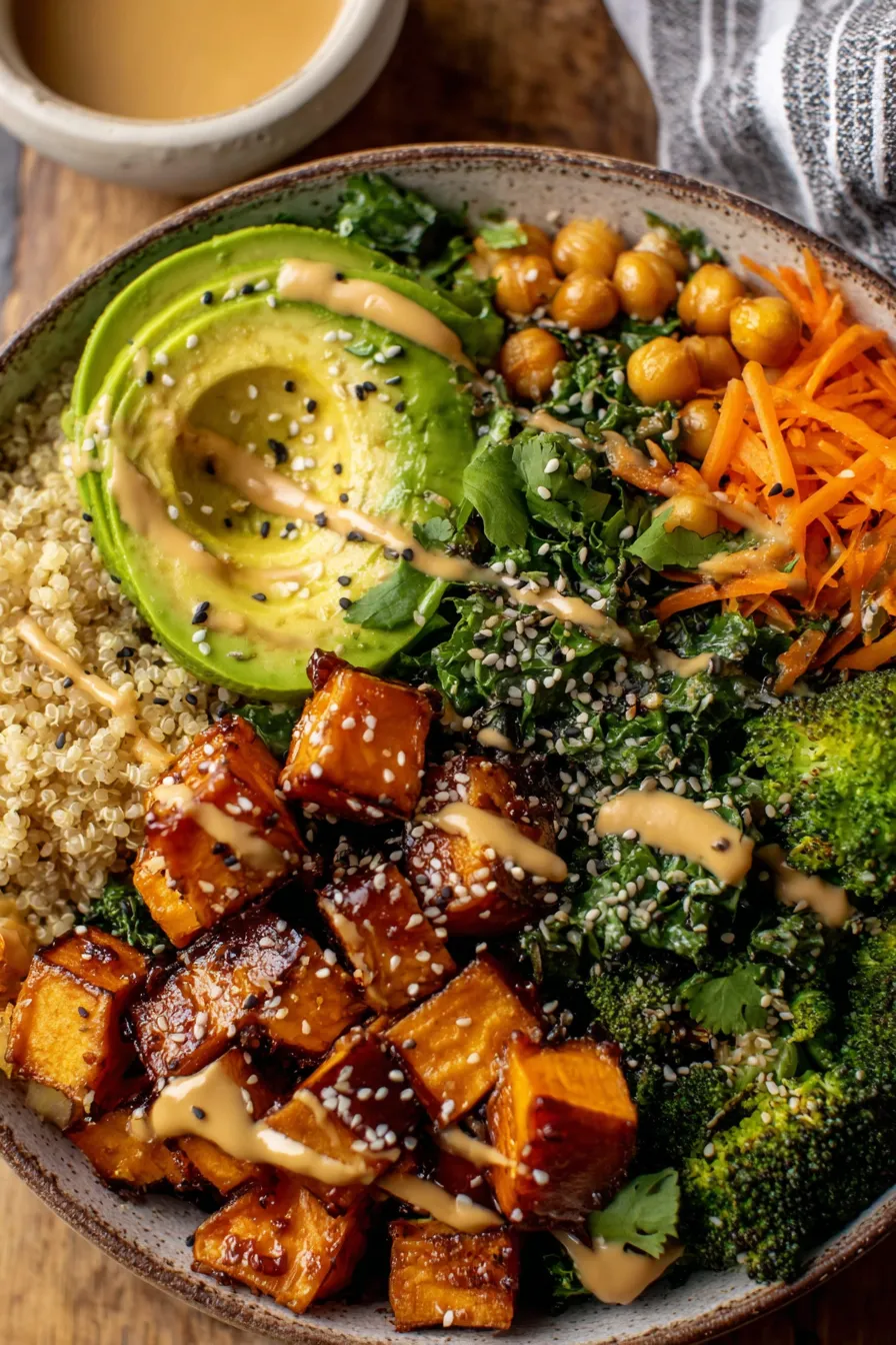 Assembled buddha bowl with quinoa and avocado