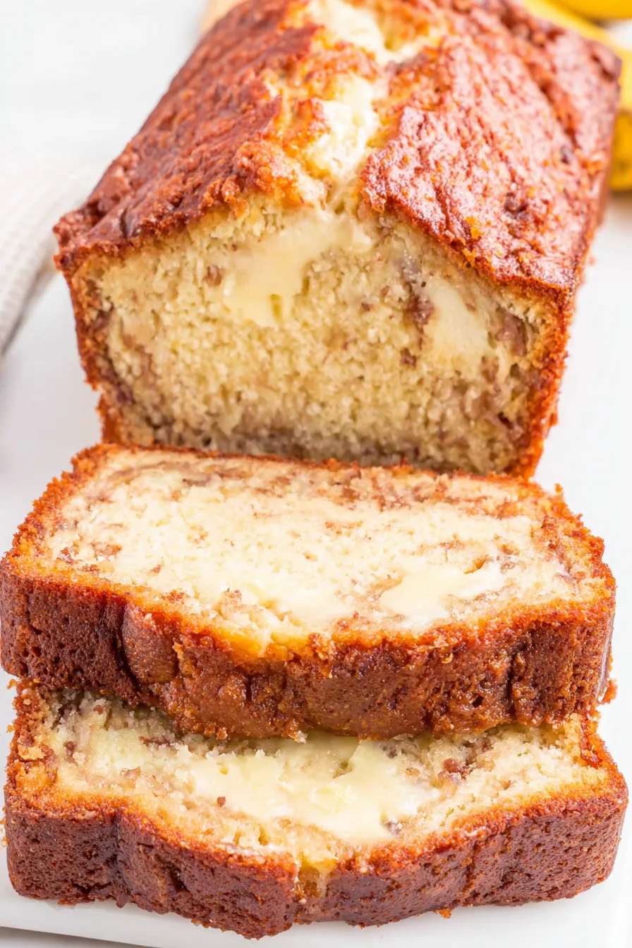 Loaf of banana bread with cream cheese filling sliced