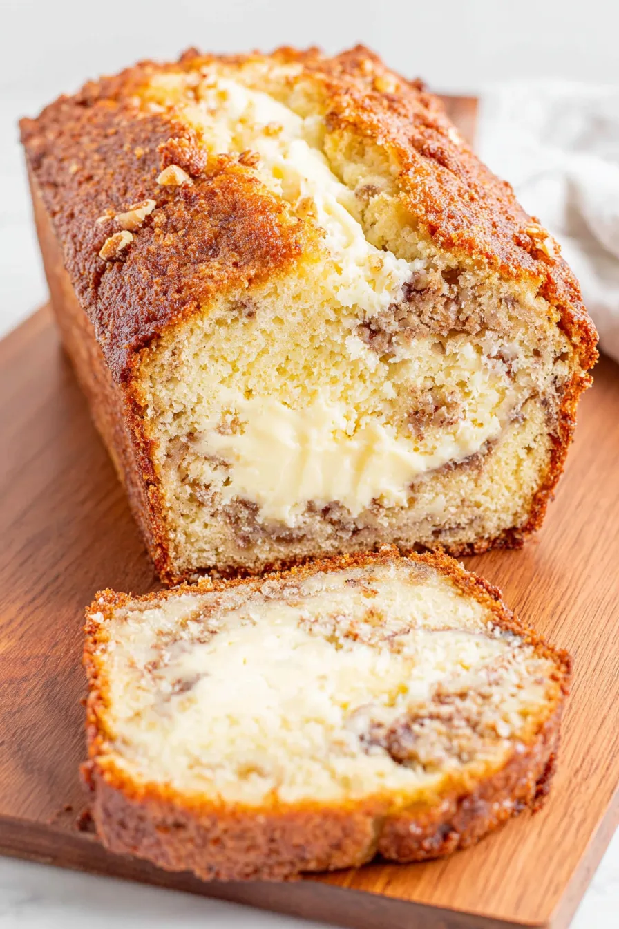 Sliced cream cheese banana bread on a cutting board