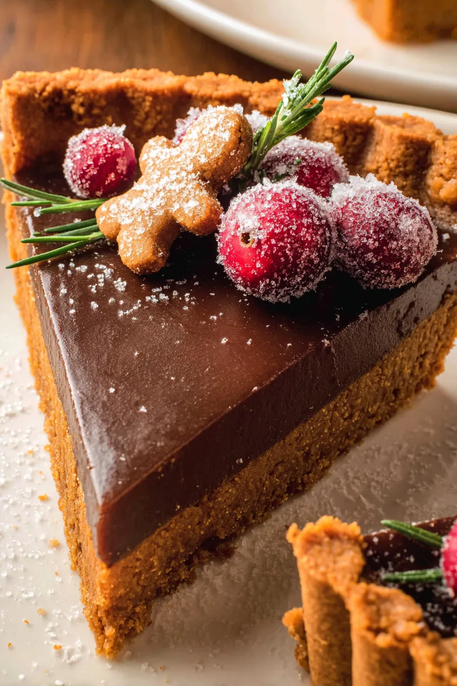 Gingerbread cookie chocolate tart with sugared cranberries