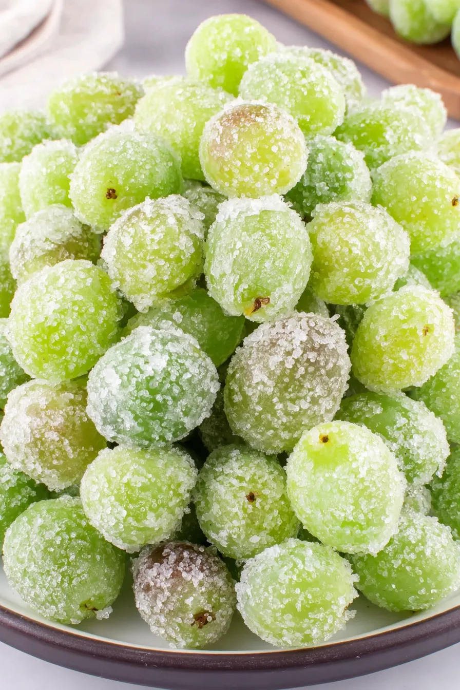 close up of sugared grapes with sparkling sugar crystals