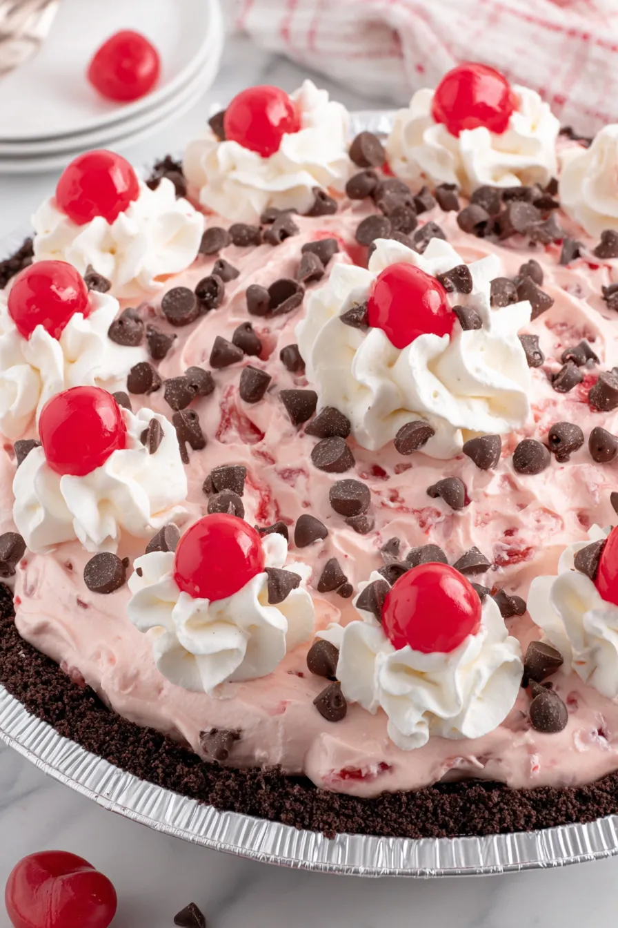 Chocolate Cherry Pie slice close-up with whipped topping and cherries