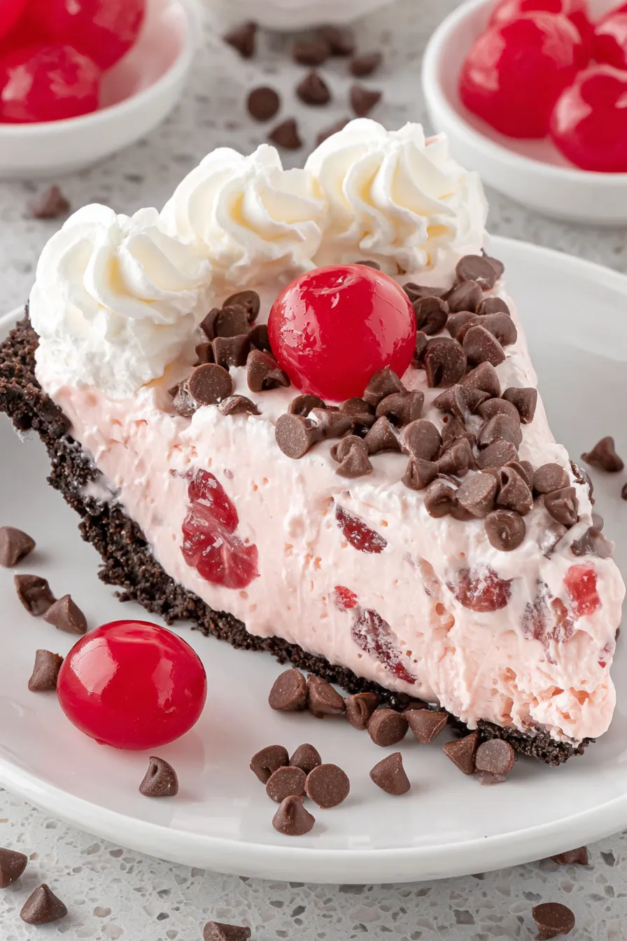 Whole Chocolate Cherry Pie on a table with serving slice removed