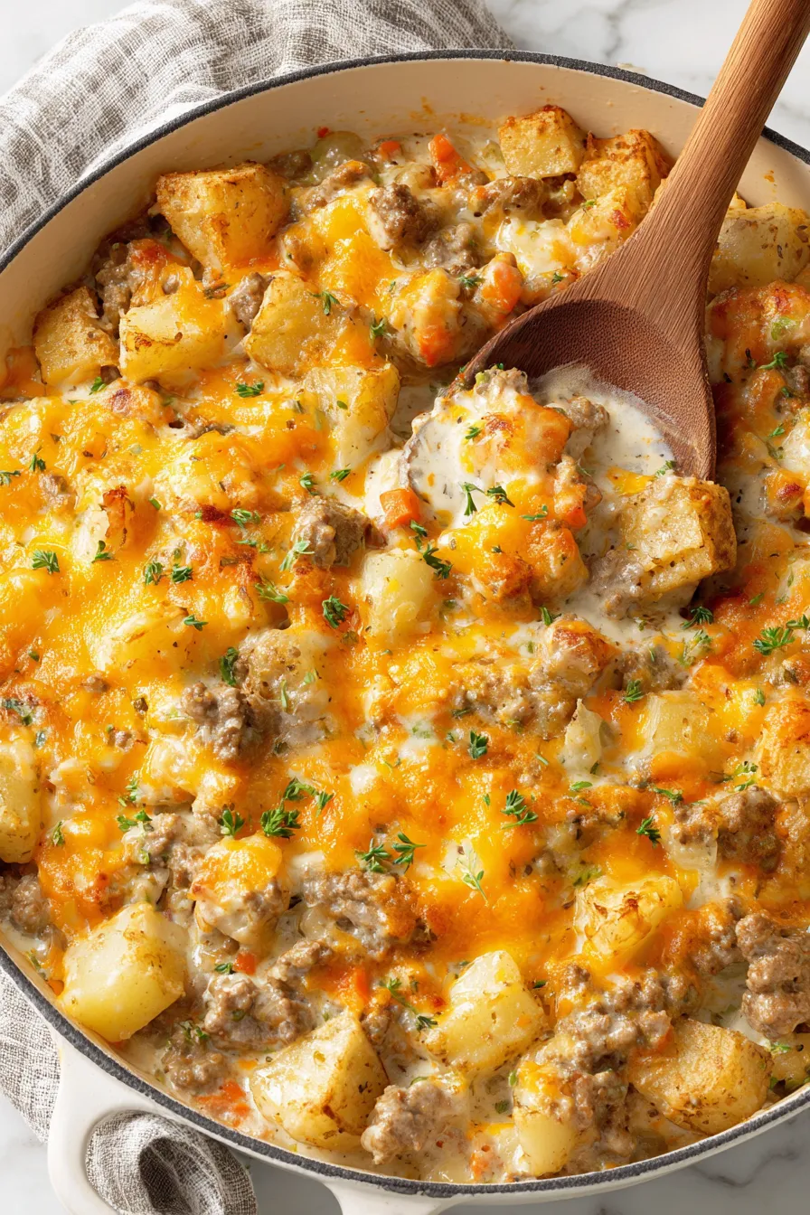 Cheesy ground beef and potato casserole fresh out of the oven