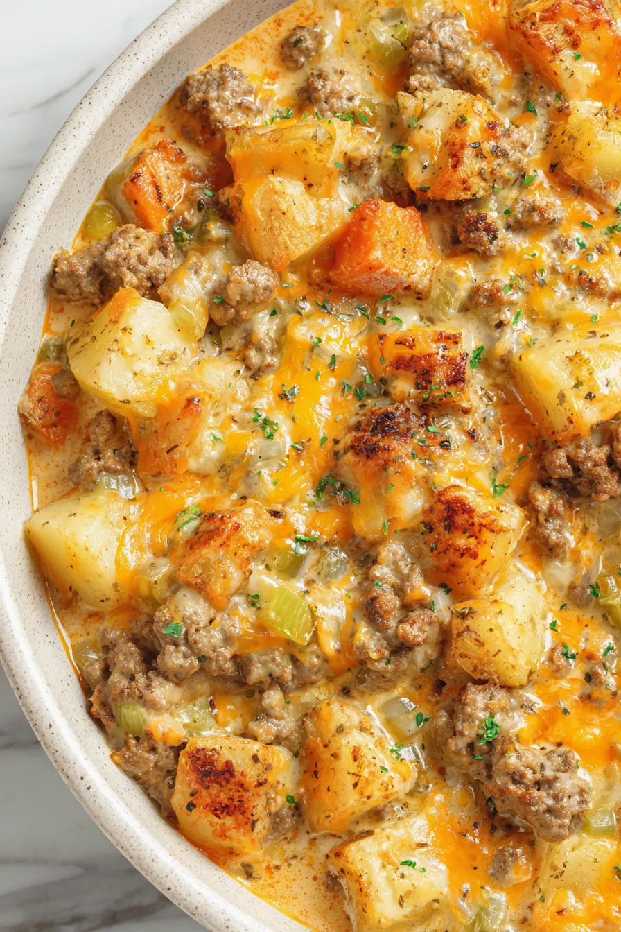 Close-up of a cheesy potato and beef layer being served