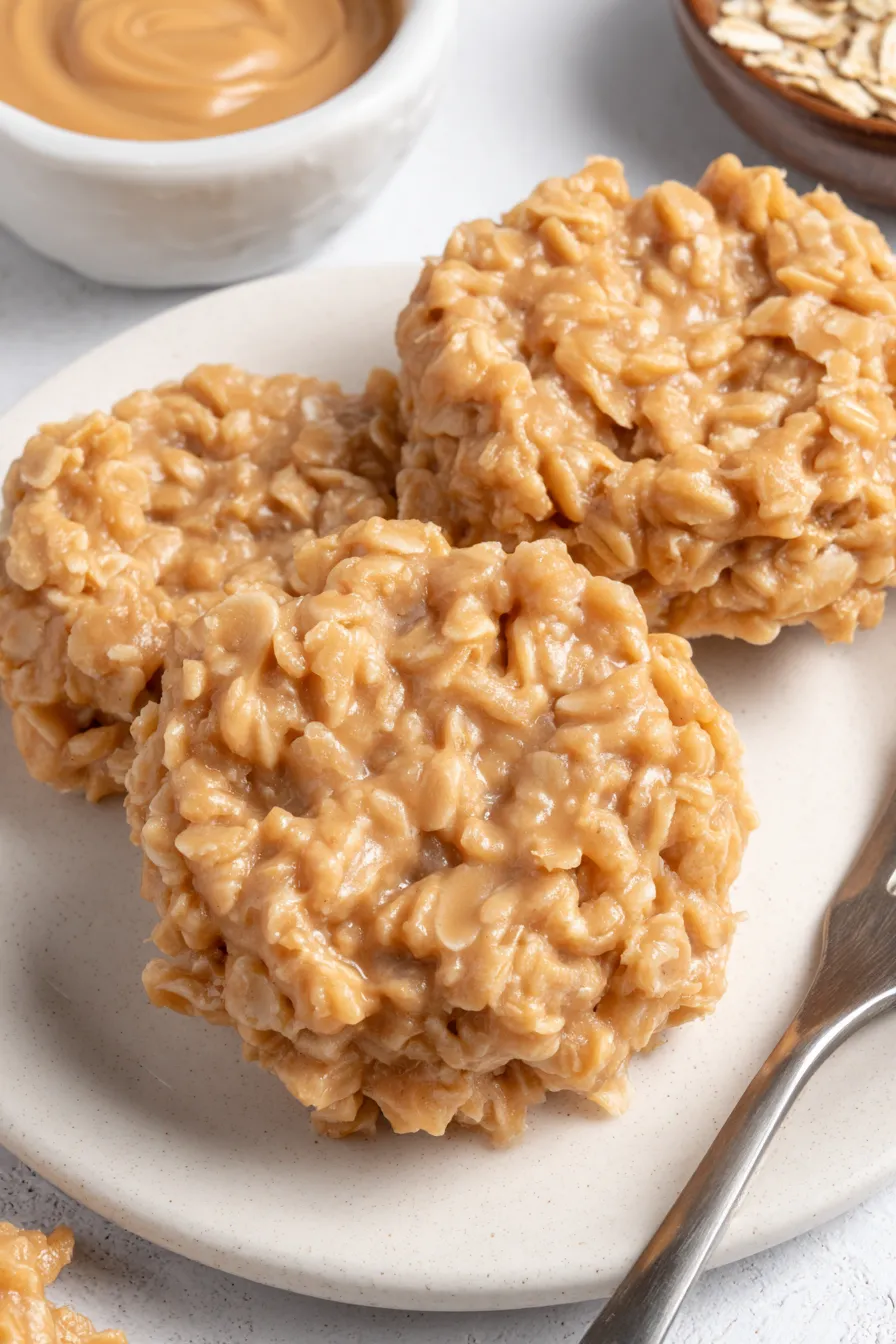 Peanut butter no bake cookies cooling on wax paper