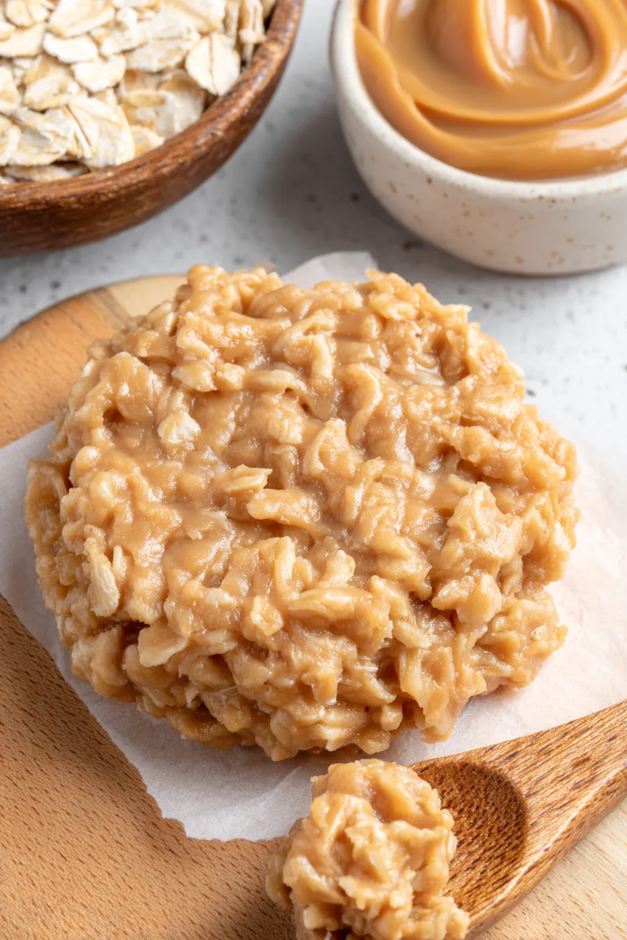 Scoop dropping no bake cookie onto wax paper