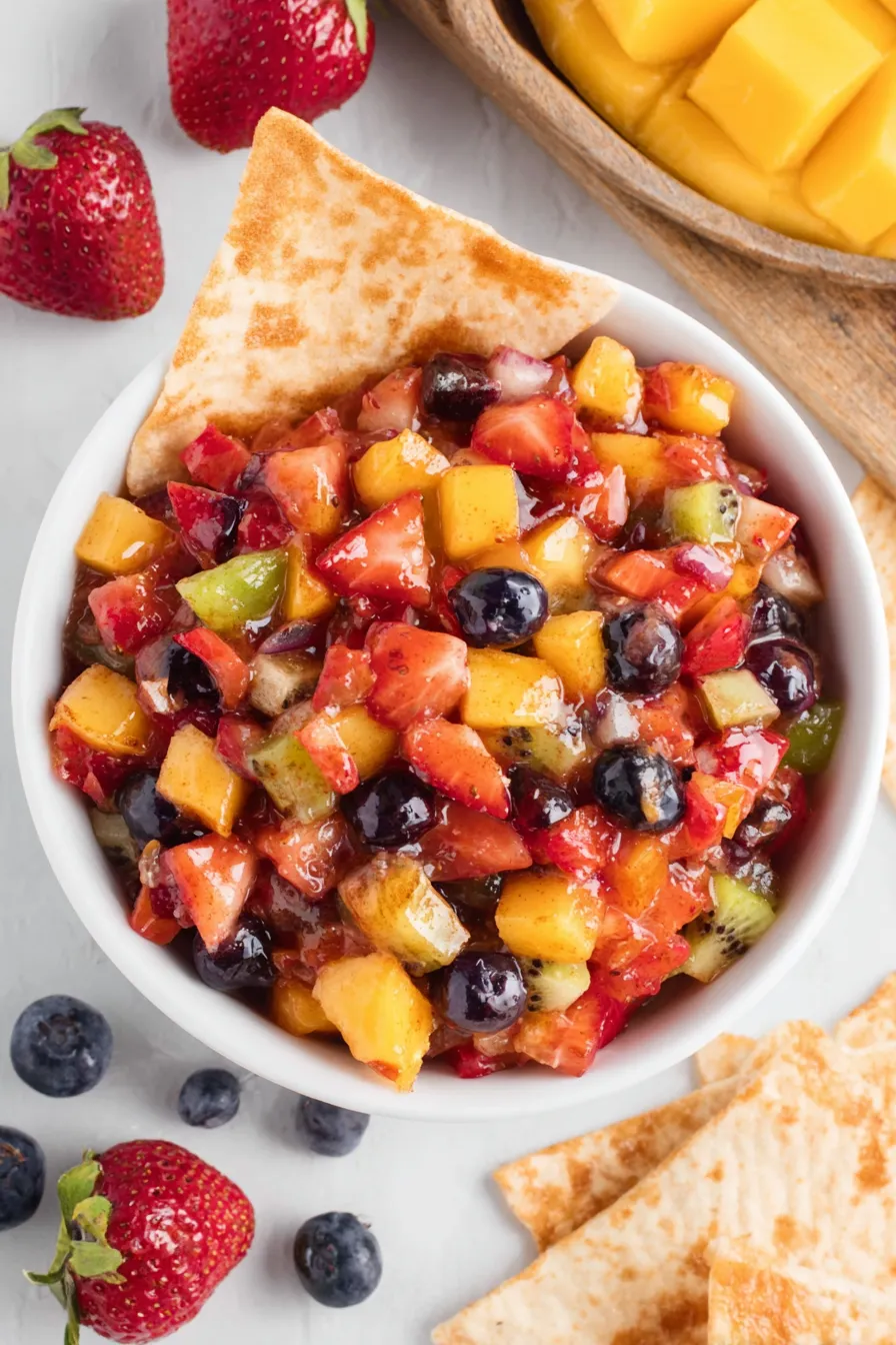 Fruit salsa served in a bowl with cinnamon chips