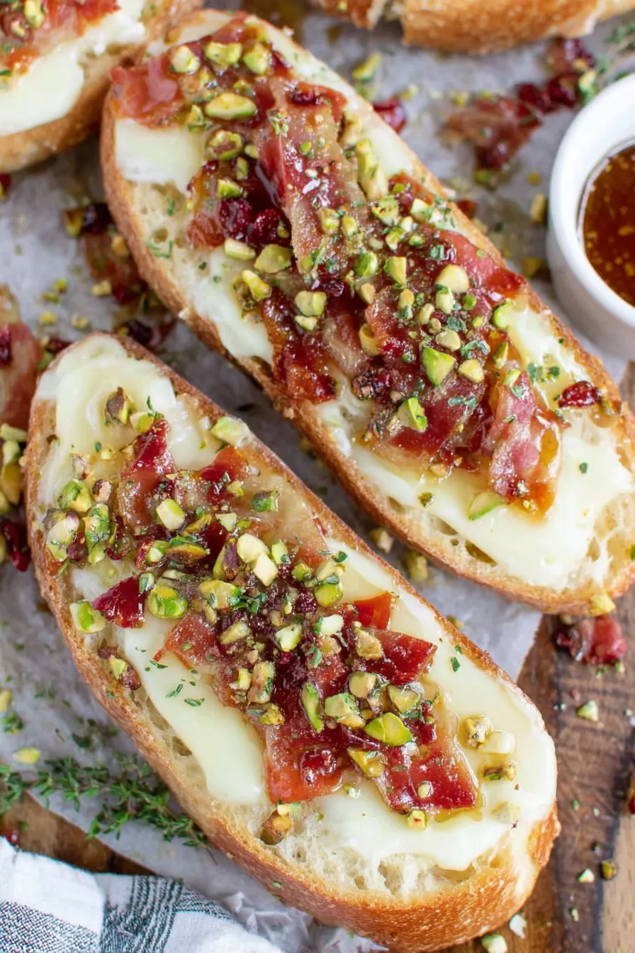 Close up of melted brie on sourdough with pistachios
