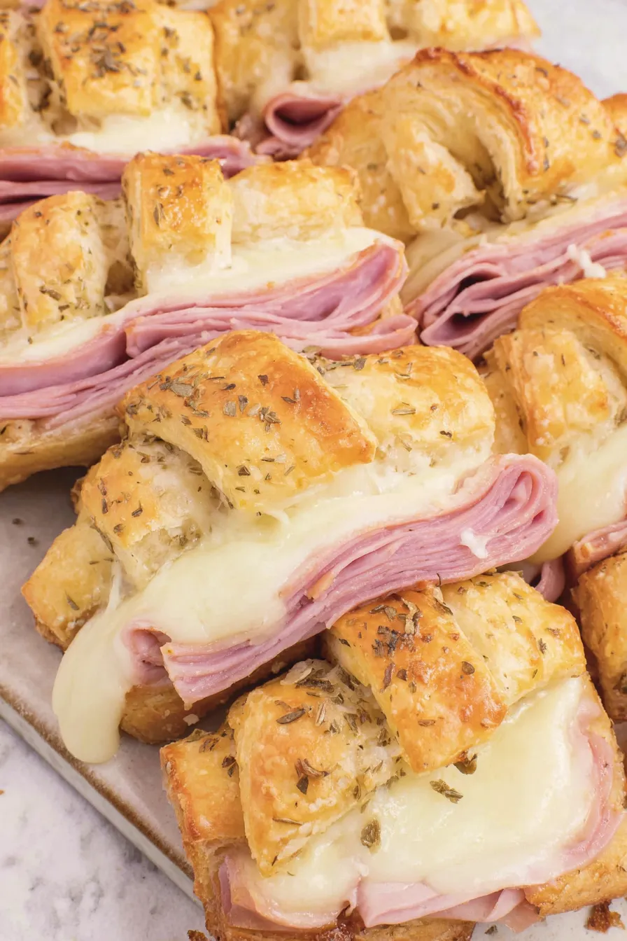 Sliced ham and cheese tray with golden top and melted cheese peek