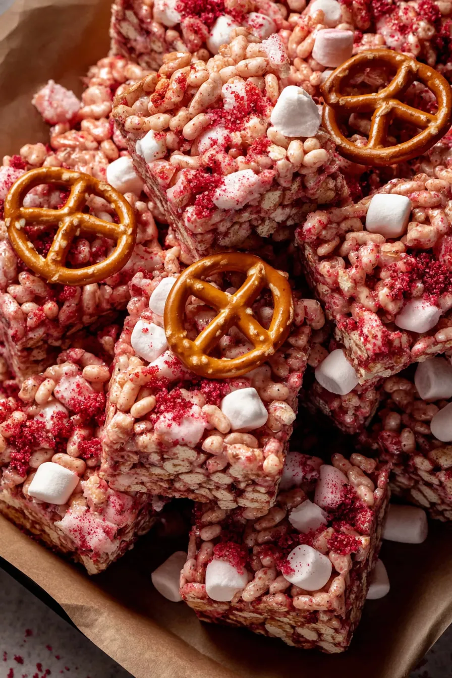 Finished strawberry pretzel marshmallow bars on a cooling rack