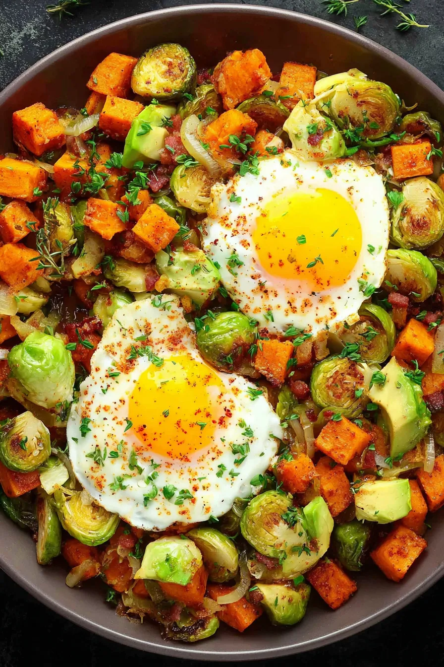Skillet of sweet potato Brussels sprout hash in a cast iron