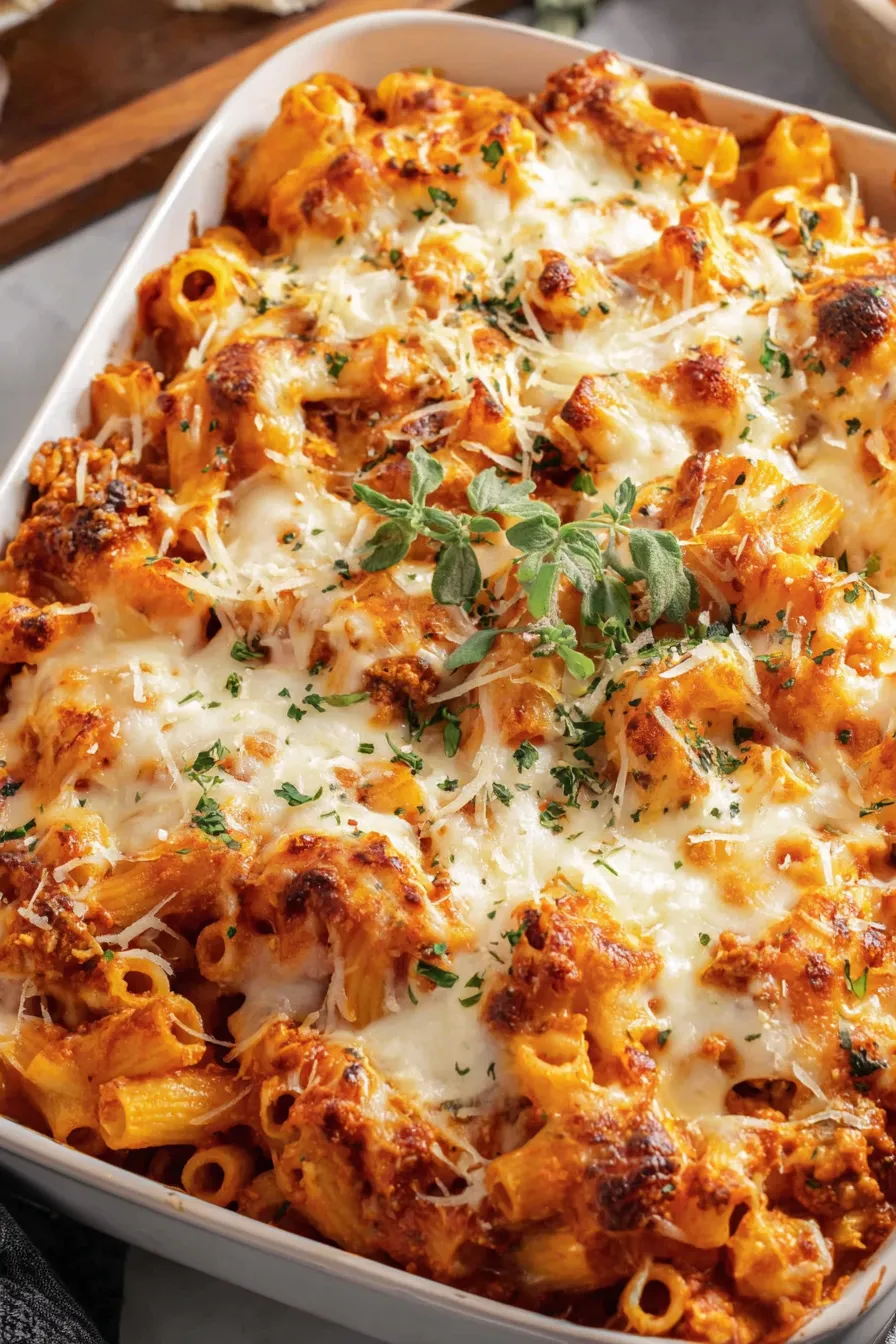 Slice of baked ziti plated with salad