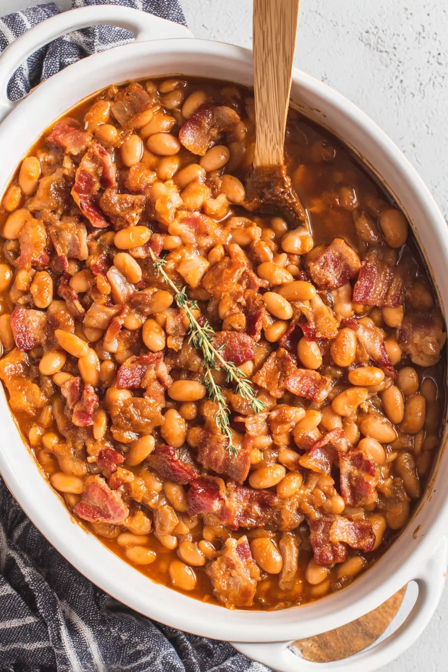 Baked beans in casserole dish with wooden spoon