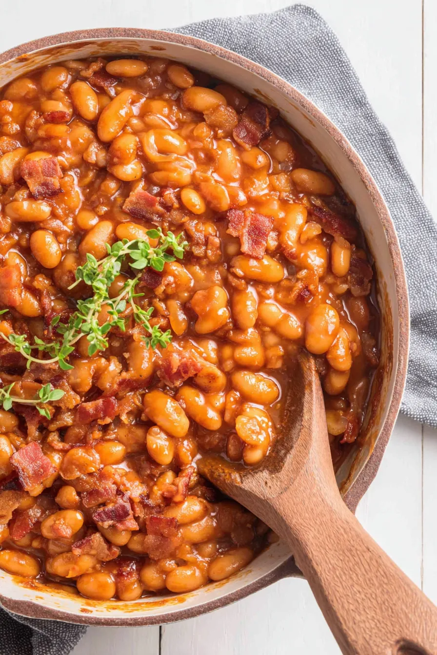 Close-up of beans and bacon in serving bowl