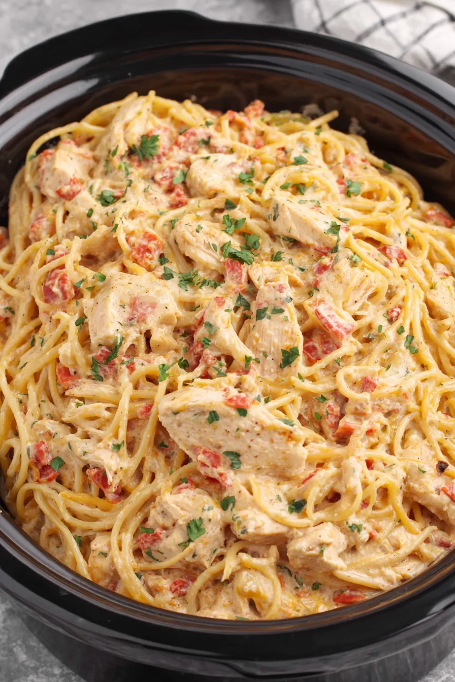 Slow cooker pot with chicken and creamy sauce