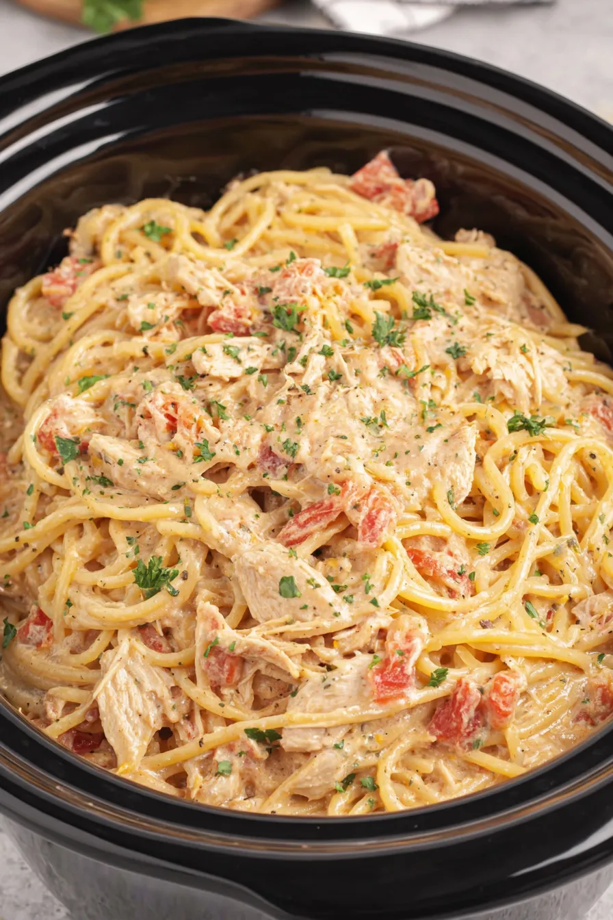 Creamy shredded chicken combined with spaghetti