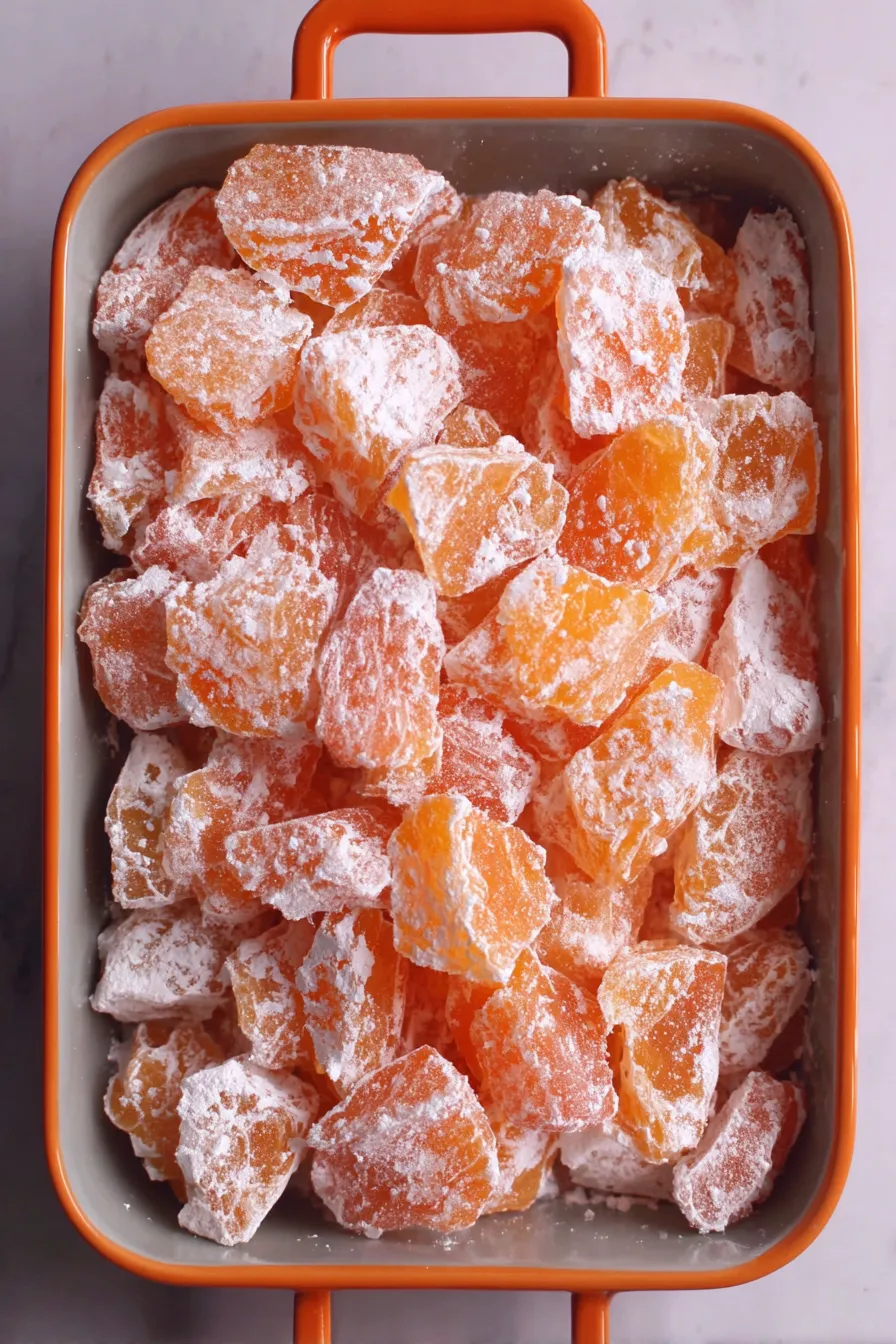 Pouring hot hard candy syrup into confectioners' sugar-lined pan