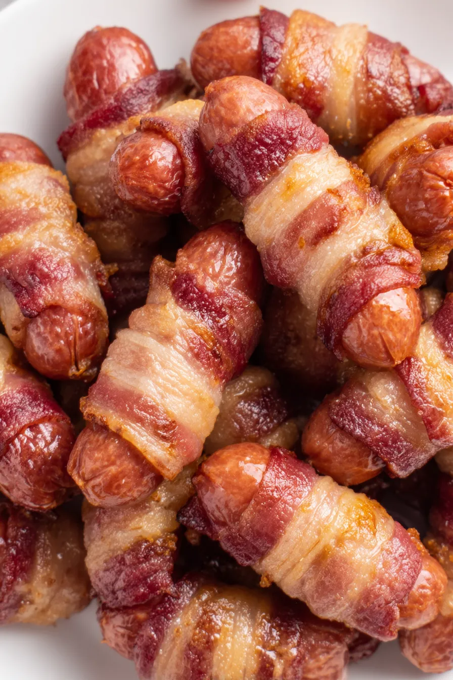 Bacon-wrapped smokies in baking dish, golden and caramelized