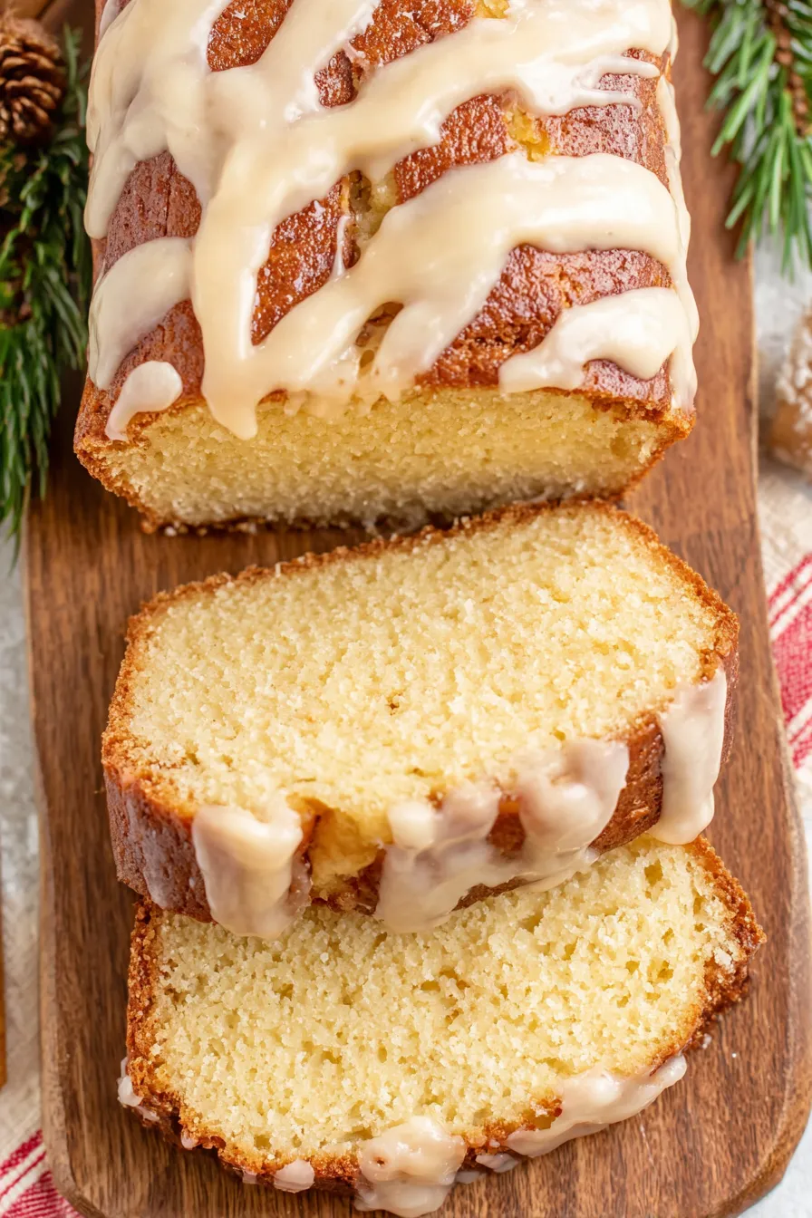 Freshly glazed vintage eggnog bread cooling on a wire rack