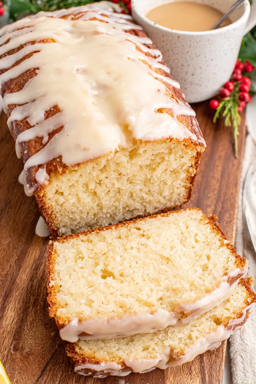 Close-up of a slice of eggnog bread with glaze and nutmeg sprinkle