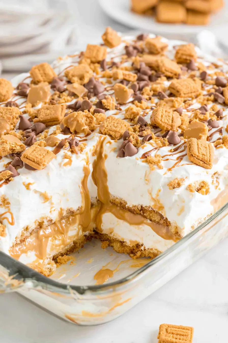 Peanut Butter Lasagna assembled in a glass dish