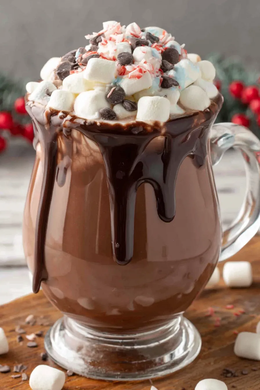 Rich crockpot hot chocolate in a ladle being poured into a mug