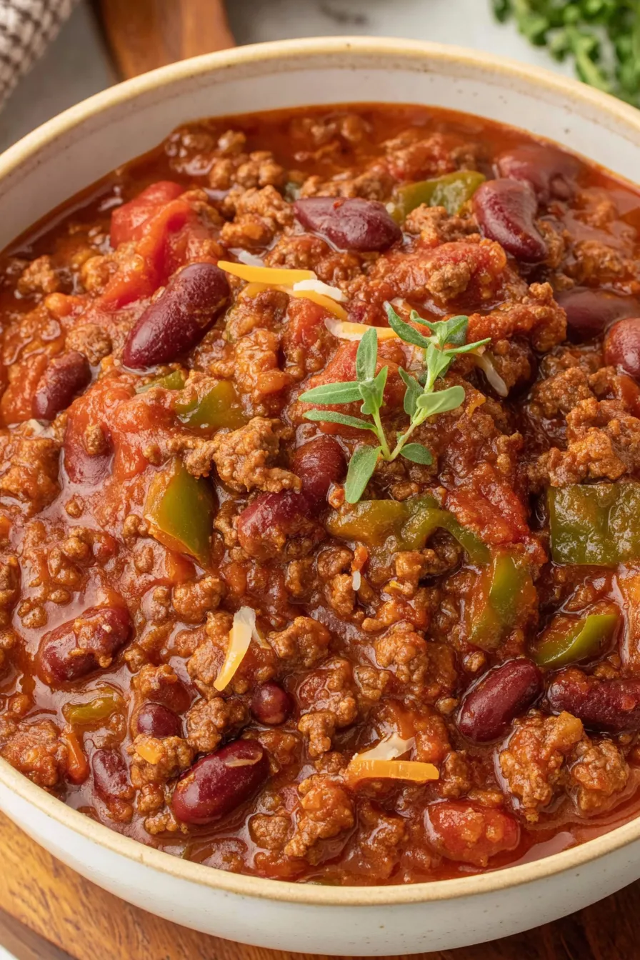 Simmering crock pot chili in a slow cooker