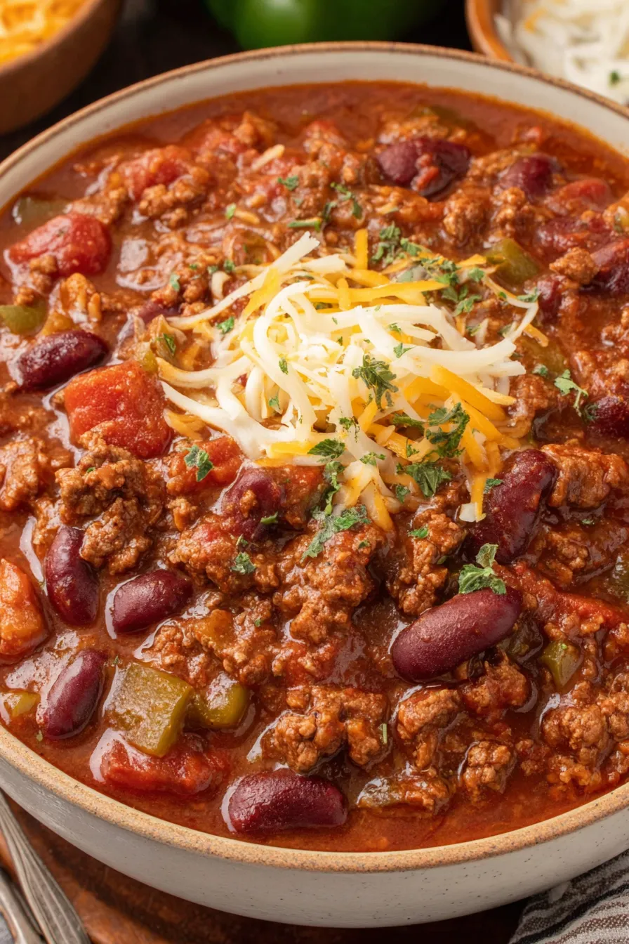 Bowl of chili topped with cheese and cilantro