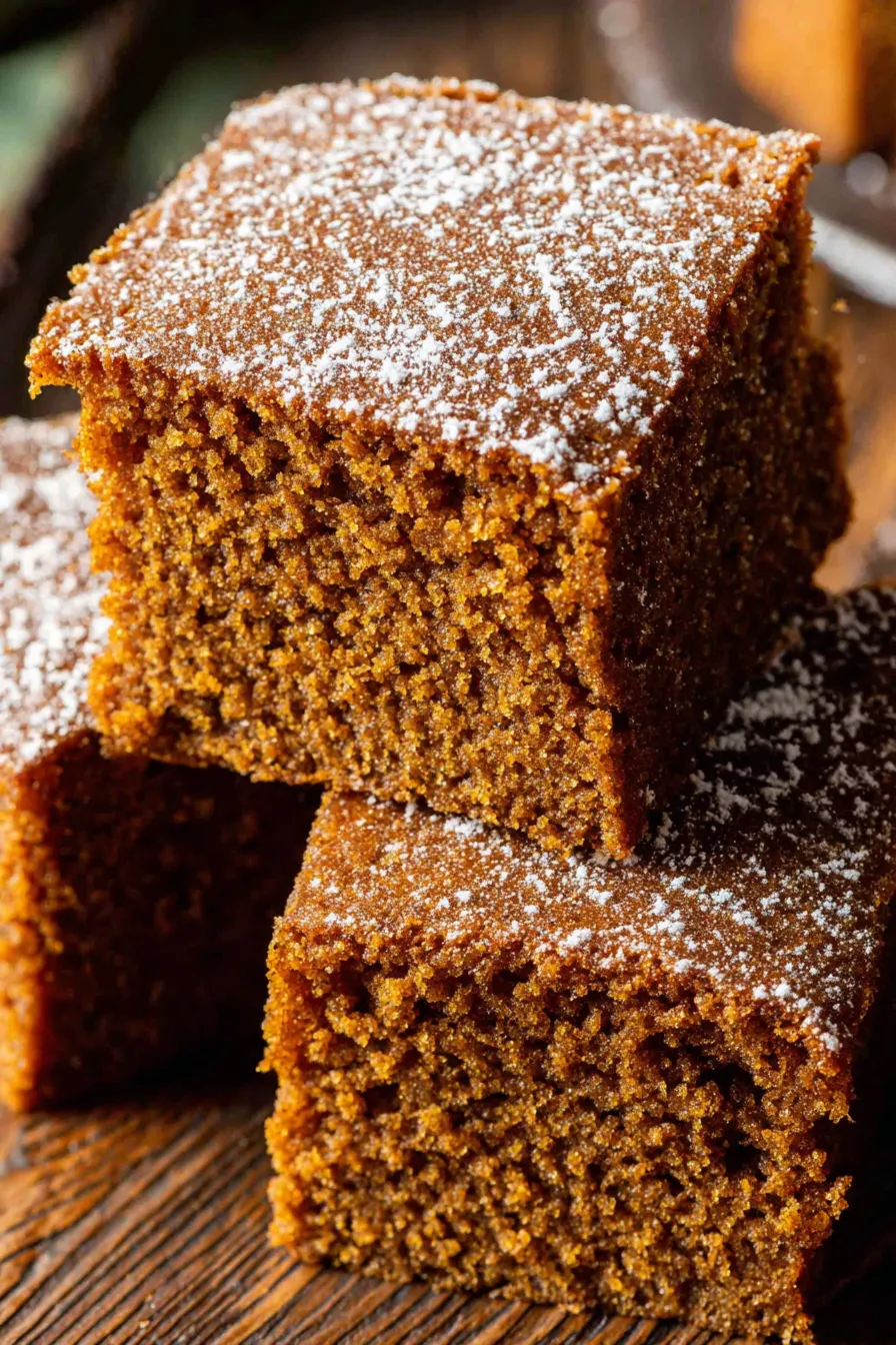 Slice of gingerbread cake on plate with whipped cream