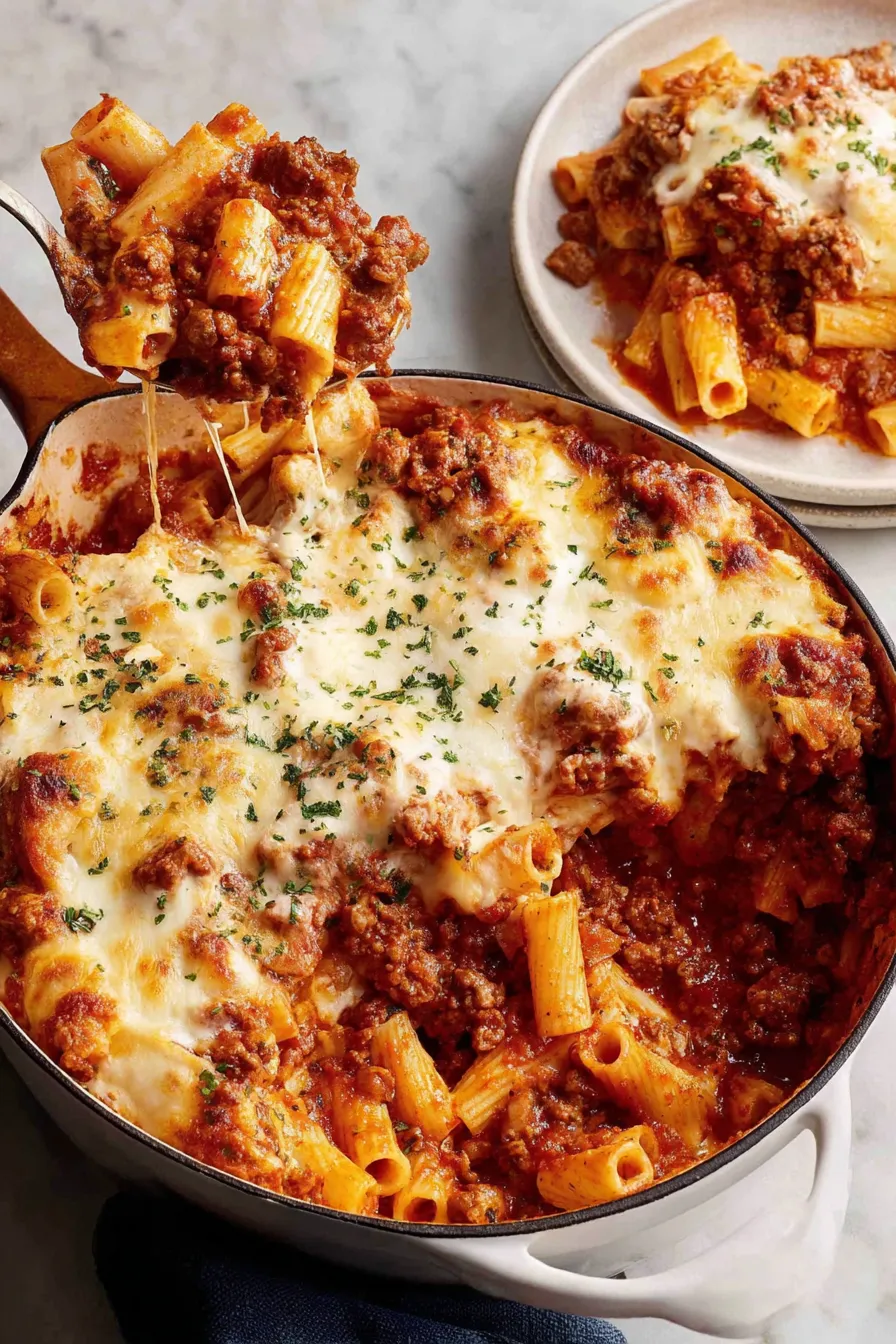 Layered baked ziti ready to brown