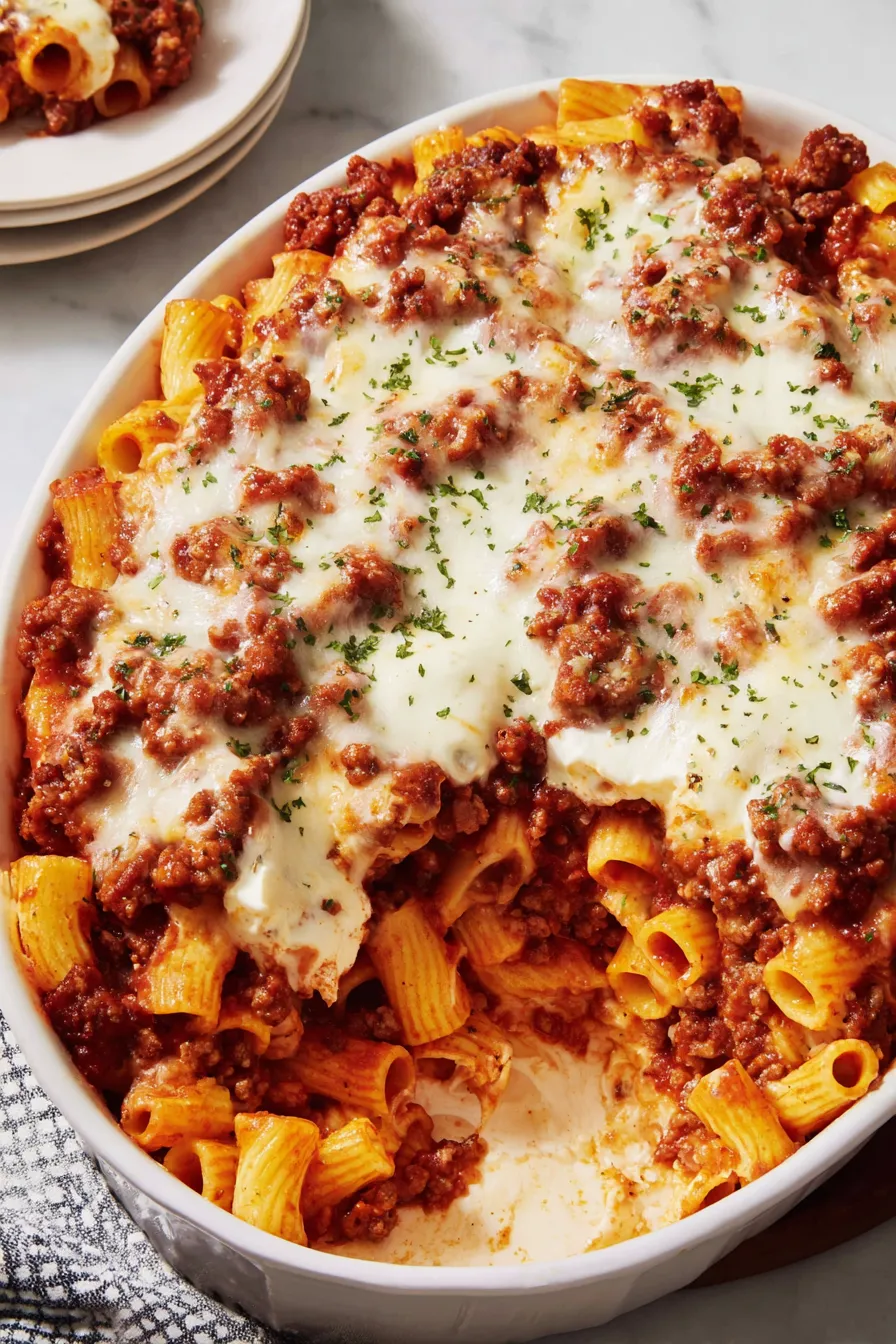 Served plates of baked ziti with garnish