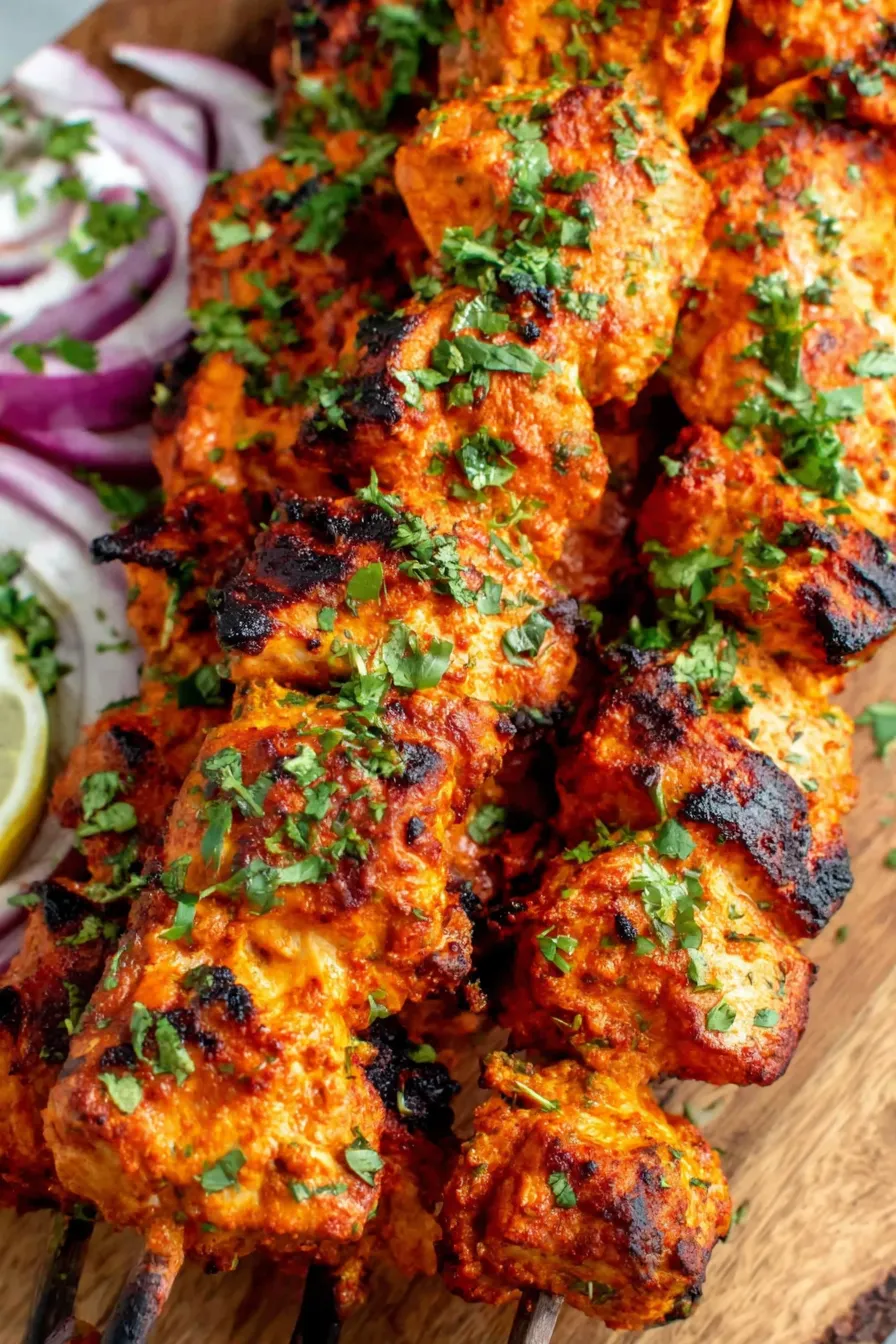 Close up of skewered chicken with fresh herbs
