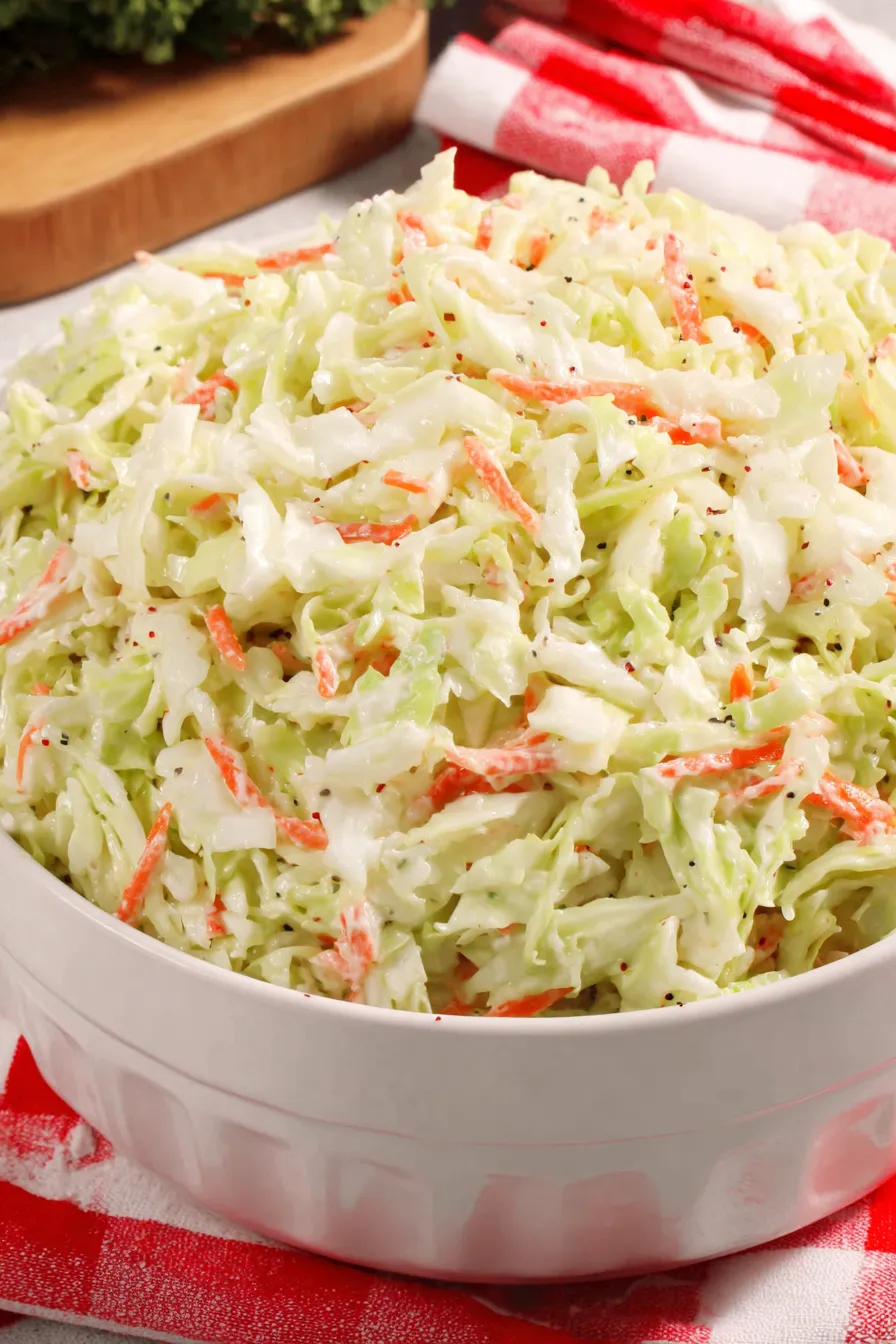 Creamy copycat coleslaw in white bowl