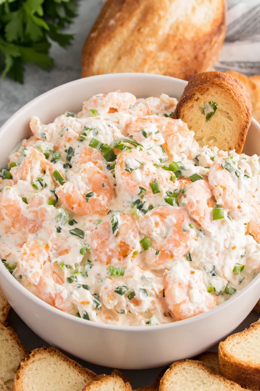 Close up of creamy shrimp dip in a bowl