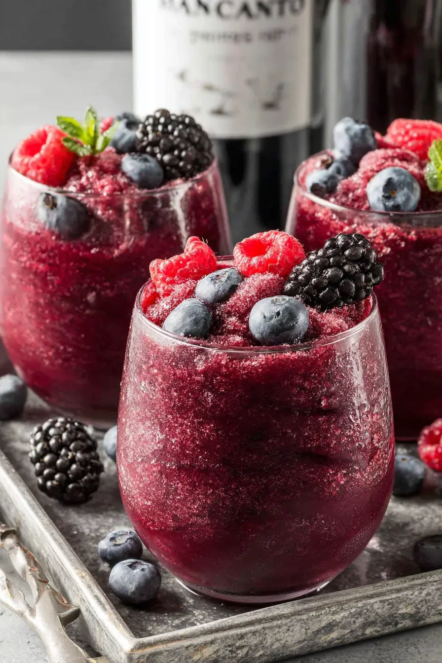 Red wine slushie in wine glasses with berry garnish