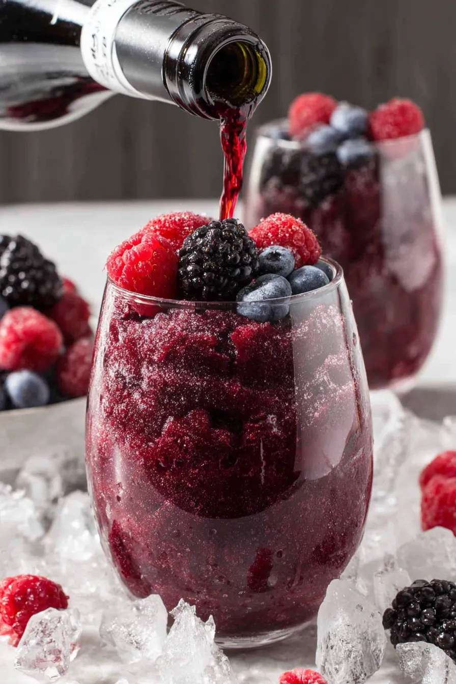 Close up of frozen red wine slushie granules in a bowl