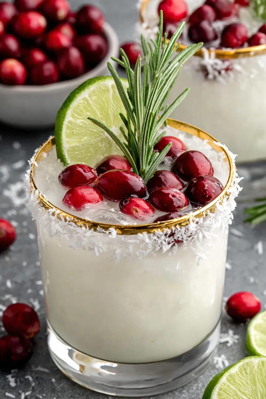 White Christmas Margarita in coconut-rimmed glass with rosemary and cranberries