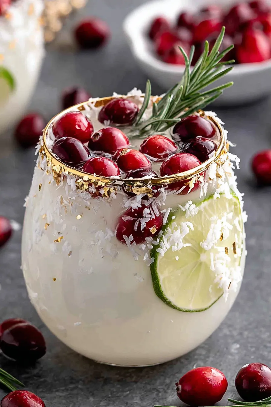 Close-up of coconut rim and cranberries on a festive margarita