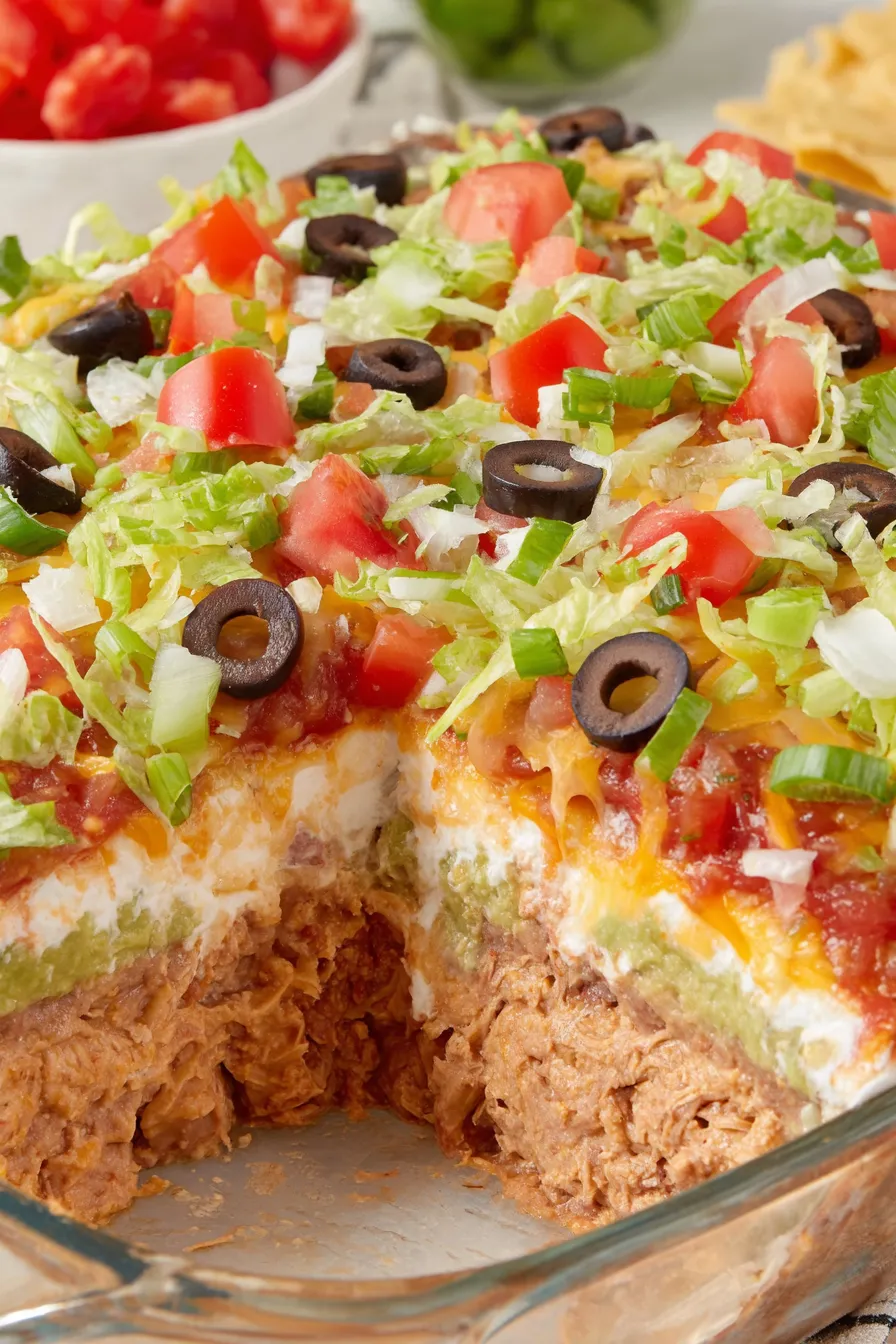 Seven-layer dip spread in glass 9x13 dish