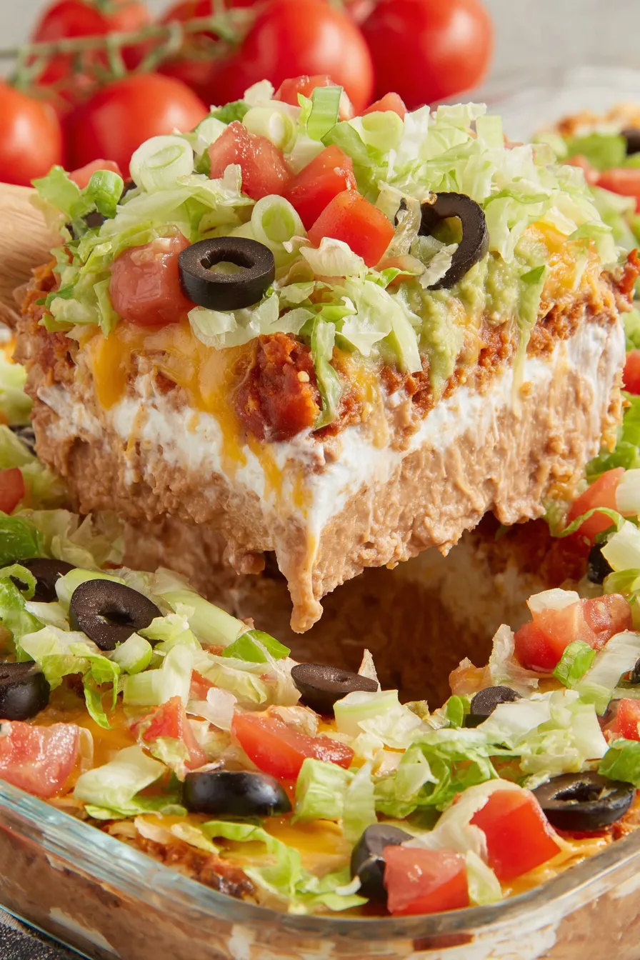 Close-up of layered dip with olives and tomatoes