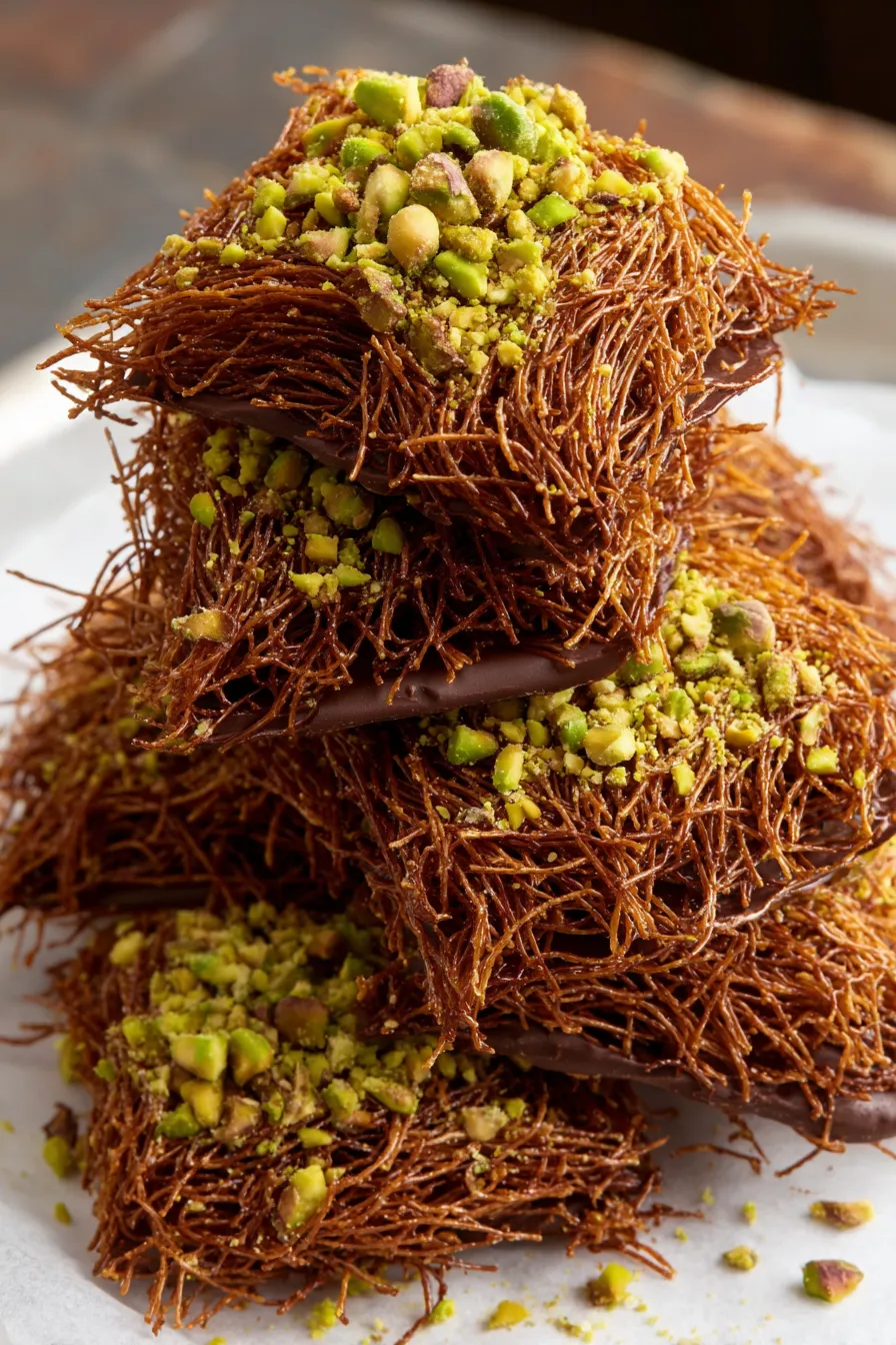 Kataifi chocolate bark on parchment with pistachios