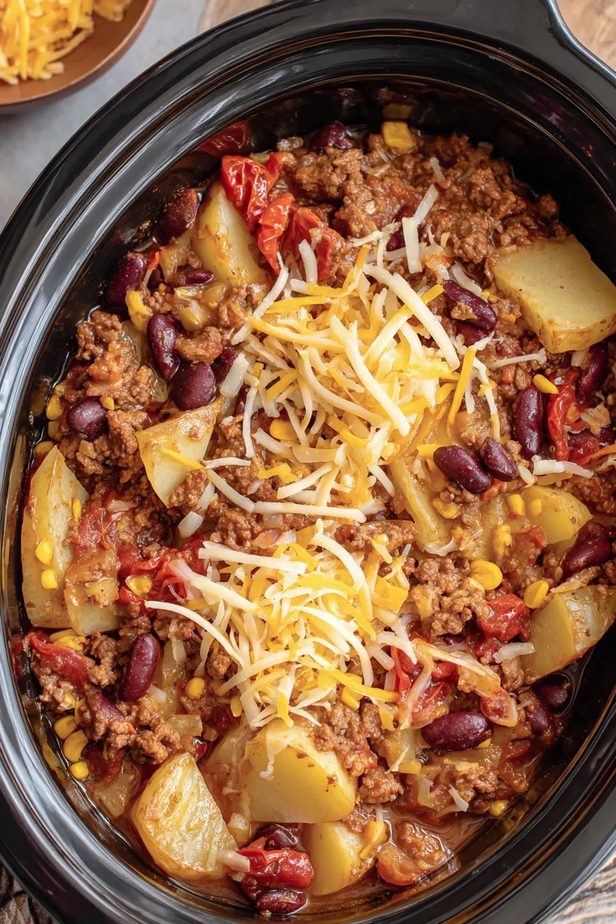 Served Crockpot Cowboy Casserole with toppings