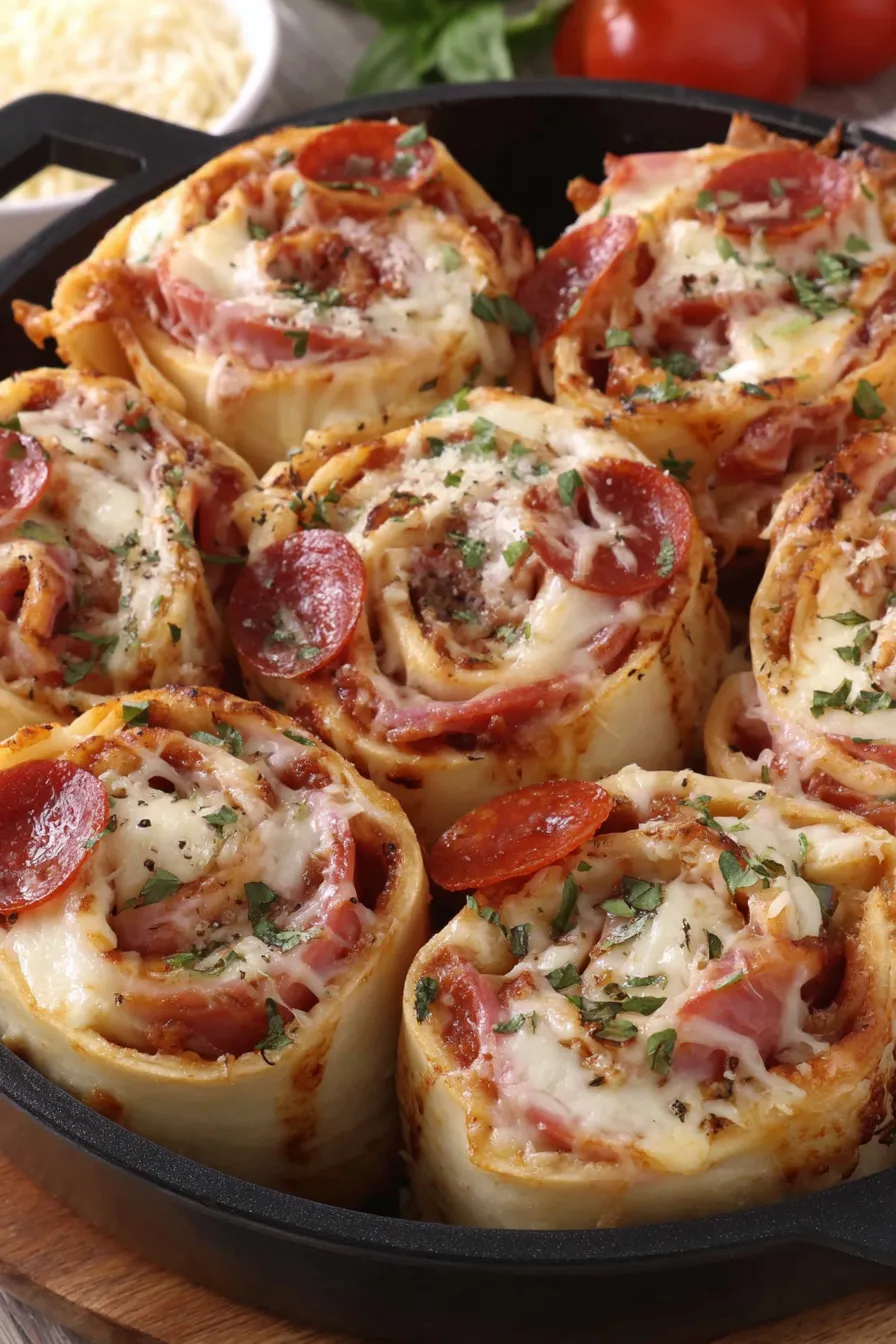 Close-up of tortilla pizza rolls on a baking sheet