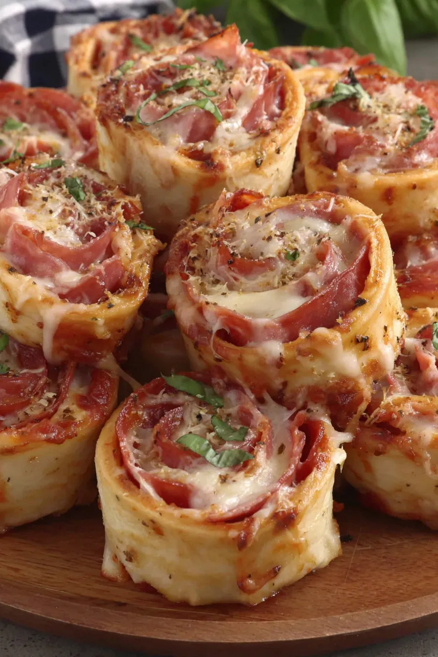 Tortilla pizza rolls plated with basil garnish